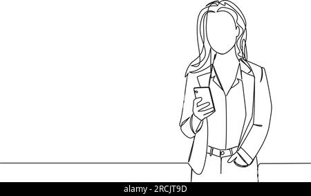 continuous single line drawing of businesswoman holding smartphone, line art vector illustration Stock Vector