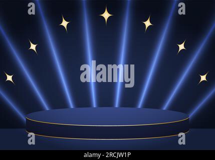 3D cylinder pedestal podium blue in semi circle. Bright rays and gold stars Abstract vector rendering geometric platform. Product display presentation Stock Vector