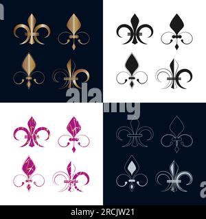 Fleur De Lis icons collection Royal French heraldic symbol Different types Gold, black, light blue, grunge textured, metallic, outline decorative desi Stock Vector