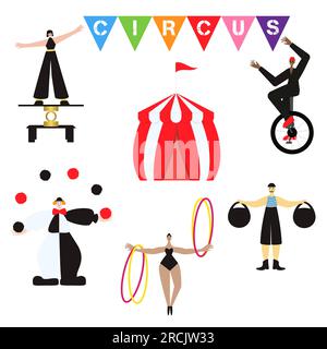 Set of circus artists Design concept with performer on unicycle, clown juggler. Strong man Balancing act  Circus gymnast with hula hoop on hands Isola Stock Vector