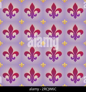Fleur De Lis tile seamless pattern Royal French heraldic symbol golden and magenta color on blue background Vector illustration Isolated Stock Vector