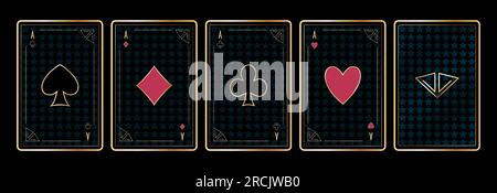 Four aces Set of playing card suits and back design Golden gradient color on black background Art deco style Isolated vector illustration Stock Vector