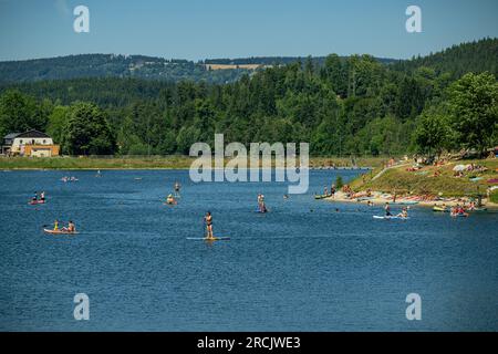 People enjoy hot summer weather at Mseno Dam, water reservoir in Jablonec nad Nisou, Czech Republic, July 15, 2023. (CTK Photo/Radek Petrasek) Stock Photo