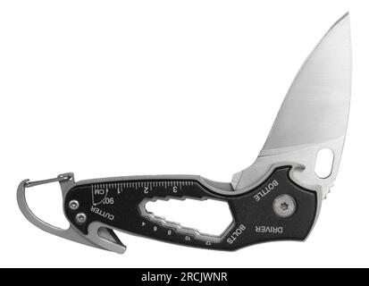 Folding knife partially open on a multi tool with wrench, cutter and more. Stock Photo