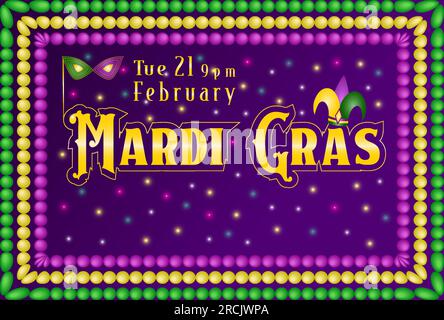 Mardi Gras carnival party invitation template Bead frame, carnival mask and jester hat Vibrant flyer background Copy space Horizontal vector illustrat Stock Vector