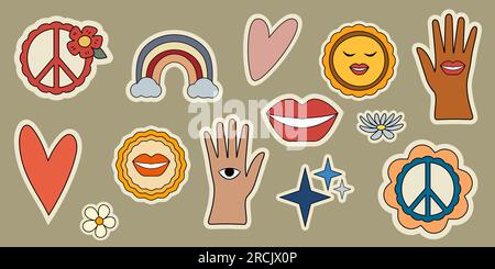 Retro 70s hippie psychedelic groovy elements set. Hand drawn funky  mushrooms, flowers, musical instruments, vintage hippy style collection.  Decorative disco lamp, heart, cherries. Vector illustration. 7320119 Vector  Art at Vecteezy