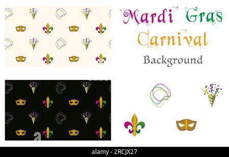 Mardi Gras Carnival Seamless pattern collection  Fleur de lis, masquerade mask, beads and fireworks Wallpaper decor Isolated vector pattern on light b Stock Vector