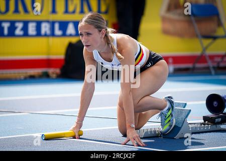 Espoo, Finland. 15th July, 2023. Belgian Marine Jehaes pictured at the start of the semi-final of the women's 4x100m relay, at the third day of the European Athletics U23 Championships, Saturday 15 July 2023 in Espoo, Finland. The European championships take place from 13 to 17 July. BELGA PHOTO COEN SCHILDERMAN Credit: Belga News Agency/Alamy Live News Stock Photo