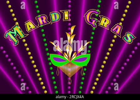 Mardi Gras carnival banner Bright colorful background Mardi Gras mask with feathers and gold beads Vector illustration Stock Vector
