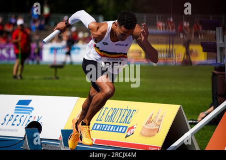 Espoo, Finland. 15th July, 2023. Belgian Daniel Segers pictured at the start of the heats of the men's 4x400m relay, at the third day of the European Athletics U23 Championships, Saturday 15 July 2023 in Espoo, Finland. The European championships take place from 13 to 17 July. BELGA PHOTO COEN SCHILDERMAN Credit: Belga News Agency/Alamy Live News Stock Photo