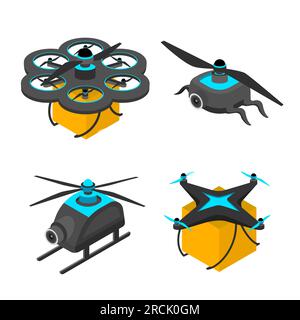 Drone set. Flying robotic gadgets with propellers, electronic devices delivery with parsels. panoramic photo or video equipment. Future technologies. Cartoon isometric isolated vector illustration Stock Vector