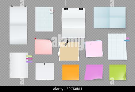 Notepad, paper notes collection. Pin, sticky memo pages, notebook sheets different colors, pad, sticker board and bulletin clip. Reminders on glue or adhesive tape. Vector isolated illustration set Stock Vector