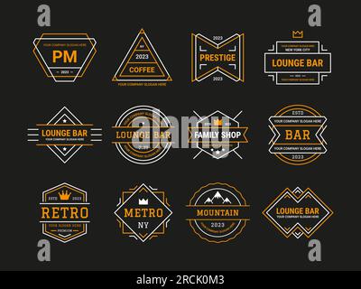 Logo badge. Hipster shapes. Modern diamond design elements. Retro art frames for shop or cafe. Lounge bar. Company brand icon. Geometric emblems. Mountain travel. Metro symbol. Vector line stamps set Stock Vector