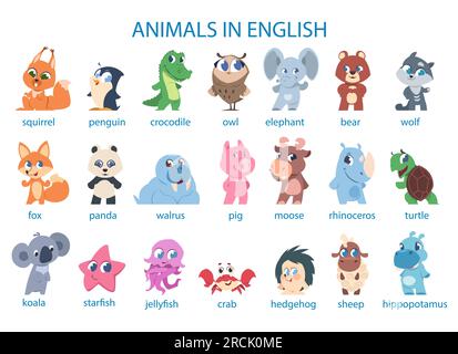 Cartoon cute animals. Wild and domestic colorful characters with signatures in english. Stickers and cards for primary school. Childish collection. Funny creatures. Vector illustrations with text Stock Vector