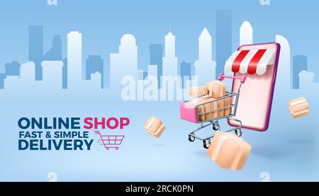3d delivery. Fast shipment, trolley with cardboard boxes, order sale in phone, mobile box with food package, ad offer. Website store. Smartphone screen on urban background. Vector discount banner Stock Vector