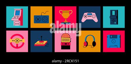 Arcade game icons. Retro joystick and headphones. VR controller logo. 80s or 90s video gaming award trophy. Slot machine. Tetris gadget or diskette. Collage square banners. Vector cartoon stickers set Stock Vector