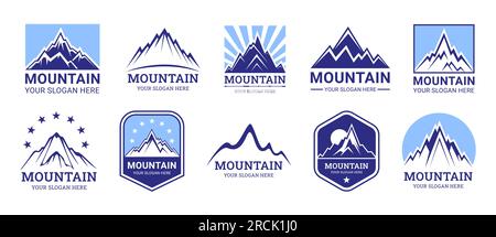 Mountain logo. Hill range icon, top of snow peak, ice rock blue silhouette, everest landscape symbol. Extreme hike and climbing logotype. Active tourism. Cliffs and peaks. Vector graphic pictograms Stock Vector
