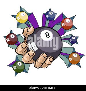 T-shirt design of one hand grabbing billiard balls. Vector illustration of the black ball number 8 Stock Vector