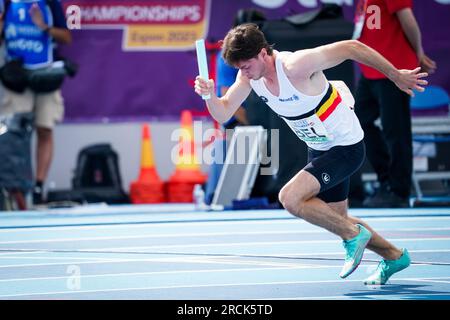 Espoo, Finland. 15th July, 2023. Belgian Olivier Lifrange pictured at the start of the men's 4x100m relay, at the third day of the European Athletics U23 Championships, Saturday 15 July 2023 in Espoo, Finland. The European championships take place from 13 to 17 July. BELGA PHOTO COEN SCHILDERMAN Credit: Belga News Agency/Alamy Live News Stock Photo