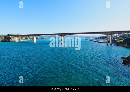 Puente de los Santos 612 meters long on the Ribadeo river built in 1987 to communicate Asturias and Galicia. Stock Photo