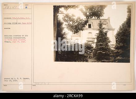 A photograph taken by Pvt.C.E. Dunn of the 4th Division Headquarters in La Forte sous Jouarre, France on June 29, 1918. The image shows Building Number E, which is occupied by the headquarters. The photograph was approved by the A.E.F. Censor on July 16, 1918. Stock Photo