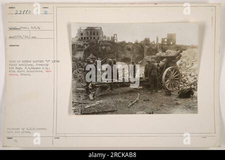 Lieutenant Stone of the Signal Reserves Corps captured this photograph on October 25, 1918. It depicts Battery 'C' of the 130th Field Artillery, previously known as the 1st Regiment P.A. Kansas National Guard. The battery is equipped with short Schneiders at Varennes, Pranos. This image was released by the A.E.P. Censor and lacks a specific date of issue. Stock Photo