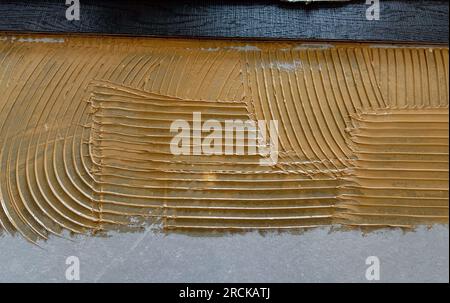 I lavoratori applicano la colla per parquet per posare il Listone Giordano  Foto stock - Alamy