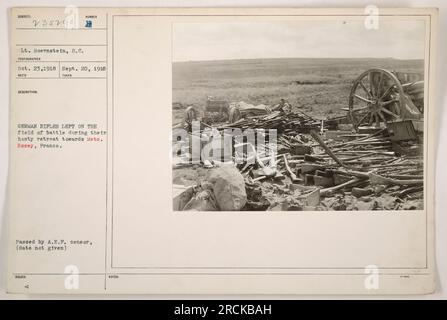 'German rifles left on the field of battle during their retreat towards Metz. The photo was taken by Lt. Boernstein on September 20, 1918, in Essey, France. The rifles were abandoned by German soldiers during the hasty retreat. The image was given the identification number 23529 and was cleared by the A.E.P. censor.' Stock Photo