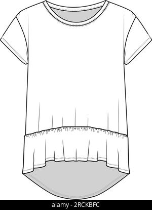 Crew neck short sleeve front hem ruffles long back hem top blouse Flat sketches Stock Vector