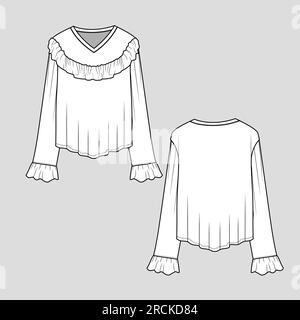 Fashion bell sleeve ruffles gathering tops blouse flat sketch technical drawing vector design Stock Vector