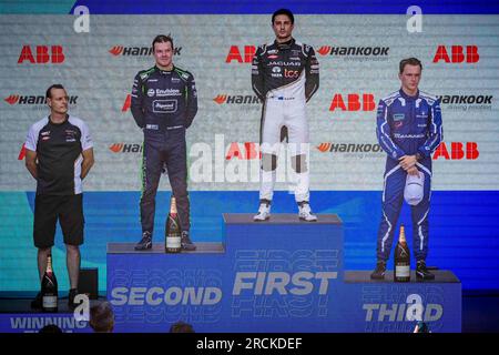 Rome, Italy. 15th July, 2023. 7/15/2023 - The Jaguar trophy delegate, Nick Cassidy, Envision Racing, 2nd position, Mitch Evans, Jaguar TCS Racing, 1st position, and Maximilian Gunther, Maserati MSG Racing, 3rd position, on the podium during the Formula E Round 13 - Rome E-Prix in Rome, Italy. (Photo by Sam Bloxham/Motorsport Images/Sipa USA) Credit: Sipa USA/Alamy Live News Stock Photo