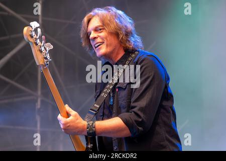 John Leven of the Swedish band of Europe, play the bass during their live performs in Ferrara on July 6, 2023 in Ferrara, Italy. Stock Photo