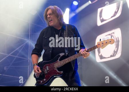 John Leven of the Swedish band of Europe, play the bass during their live performs in Ferrara on July 6, 2023 in Ferrara, Italy. Stock Photo