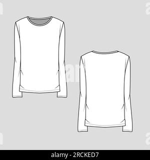 Fashion Crew Neck Long Sleeve T-shirt top Flat Sketch Technical Drawing Vector Design Stock Vector
