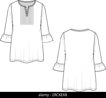 Fashion Henley button panel pleated top Sleeve Ruffle Blouse Flat Sketch template design vector Stock Vector