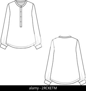 Fashion Henley neck placket buttons long sleeve gathering with cuffs flat sketch drawing vector design Stock Vector