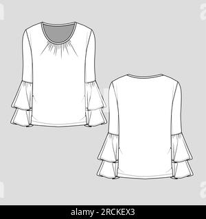 Fashion layered   Ruffles hem long sleeve Crew neck gathering t-shirt top Blouse Flat sketch technical drawing vector design Stock Vector