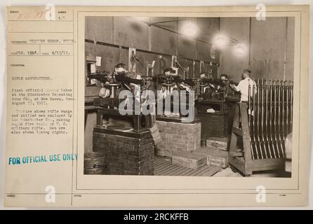 A photograph taken on August 17, 1917, at Winchester Repeating Arms Co. in New Haven, Conn. The image shows the rifle range and skilled workers conducting rapid fire tests on the T.S. military rifle. The men in the picture are also seen adjusting the sights of the rifles. This is an official photo for military purposes. Stock Photo