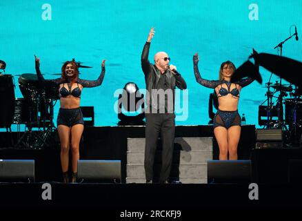 Quebec City, Canada. 14th July, 2023. Pitbull performs on day 9 of Festival d'été de Québec on July 14, 2023 in Quebec City, Quebec. Photo: Casey Flanigan/imageSPACE/Sipa USA Credit: Sipa USA/Alamy Live News Stock Photo