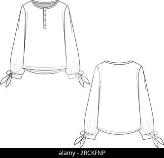 Fashion  Henley neck puff  knotted cuff sleeves technical flat sketch drawing vector design template Stock Vector