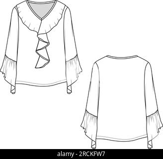 Fashion Fancy Ruffles on neck and sleeve hem top blouse flat sketch technical drawing design vector Stock Vector