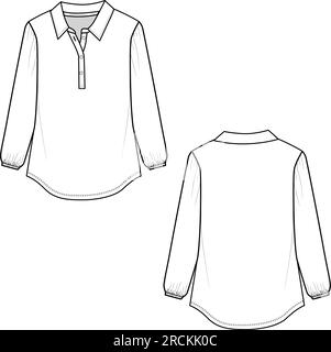 Fashion new collar  button placket  panel gathering hem long sleeve flat sketch vector template design Stock Vector