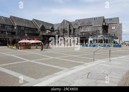 Captured on a delightful mid May afternoon in Falmouth, Discovery Quay with it's timber aspect architecture. Stock Photo