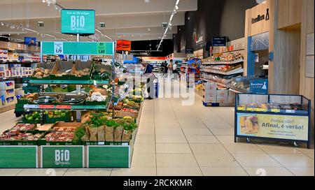 Inside Lidl store with aisle of fruit and vegetables, Portugal Stock Photo