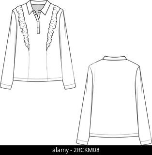 Fashion Ruffles Collar Placket buttons long sleeve blouse t-shirt top technical drawing flat sketches design vector Stock Vector