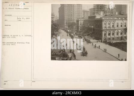 Caption: 'The funeral procession of Major J.P. Mitchel takes place in New York City. The procession starts from City Hall as seen in this photograph taken during World War One. The photo is part of the U.S. School Cinematography collection.' Stock Photo