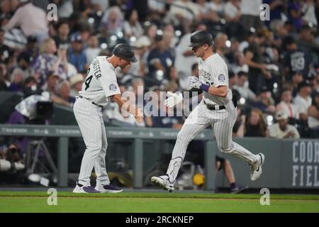 July 14 2023: Colorado left fielder Nolan Jones (22) hits a homer during the game with New York Yankees and Colorado Rockies held at Coors Field in Denver Co. David Seelig/Cal Sport Medi Stock Photo