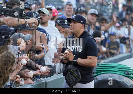 July 14 2023: New York catcher Jose Trevino (39) signing autographs before the game with New York Yankees and Colorado Rockies held at Coors Field in Denver Co. David Seelig/Cal Sport Medi Stock Photo