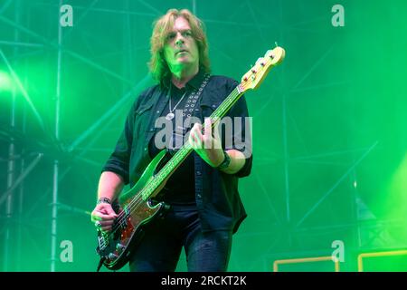 John Leven of the Swedish band of Europe, play the bass during their live performs in Ferrara on July 6, 2023 in Ferrara, Italy. Stock Photo