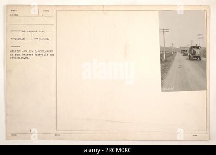 Military and G.M.C. ambulances seen on the road between Rockville and Frederick, Maryland. This image was taken on July 7, 1919. Notes indicate that the photograph was taken by T.T. Jackson and has the description symbol A₂ C. Stock Photo